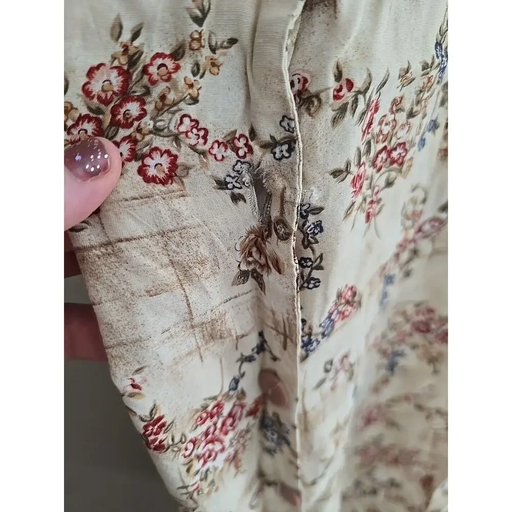VTG Cottagecore Prairie Tan Floral Print Button Front Short Sleeve Dress Small‎